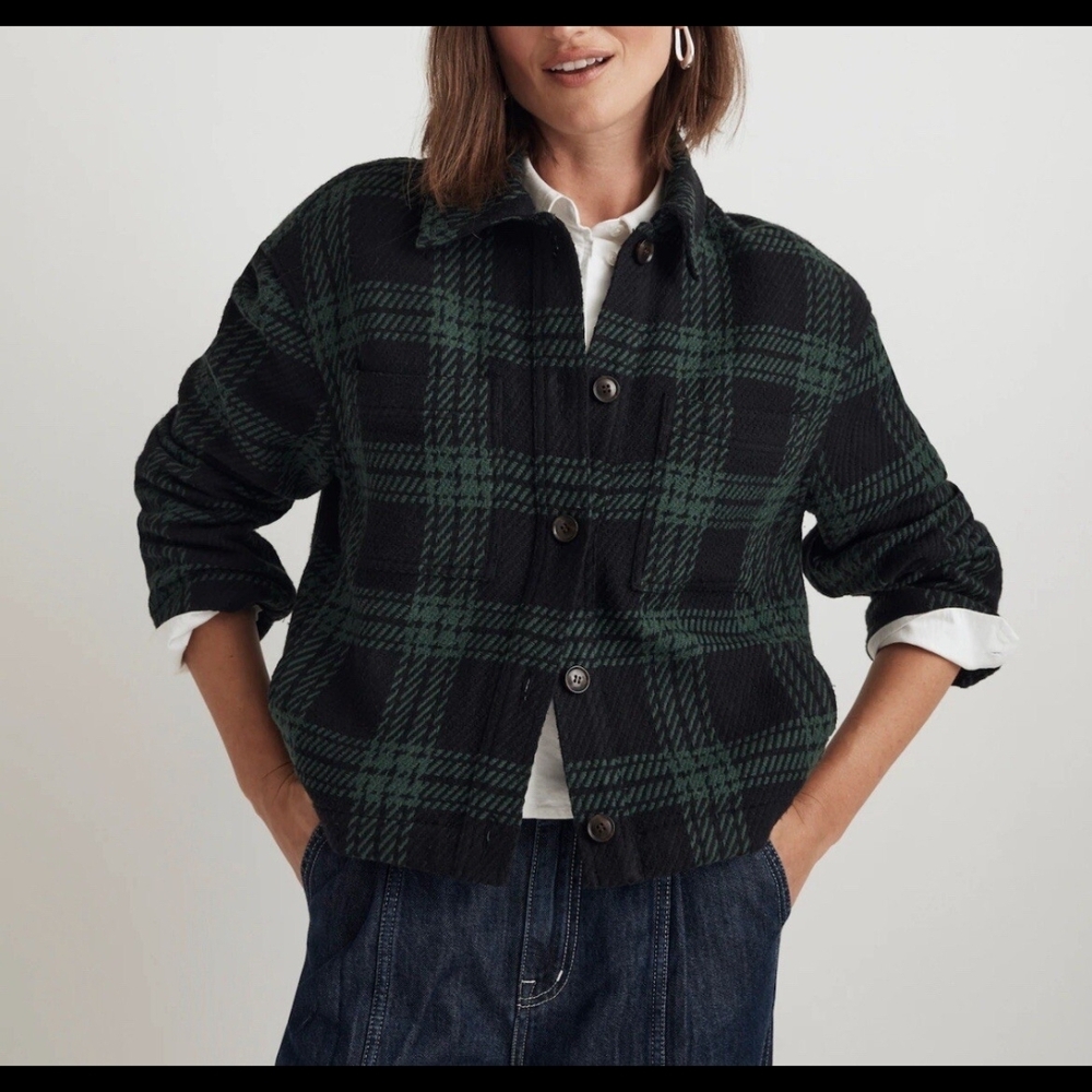 Madewell Flannel Boxy Shirt-Jacket in Blue and Green Plaid Size M